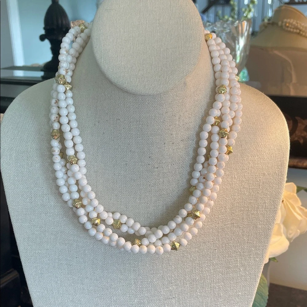 White Beaded Multi-Strand Necklace with Gold Accents
